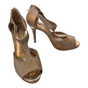 Fioni Night Gold Shimmer Peep Toe Platform Stiletto Heels Womens 6.5 M Zip Party